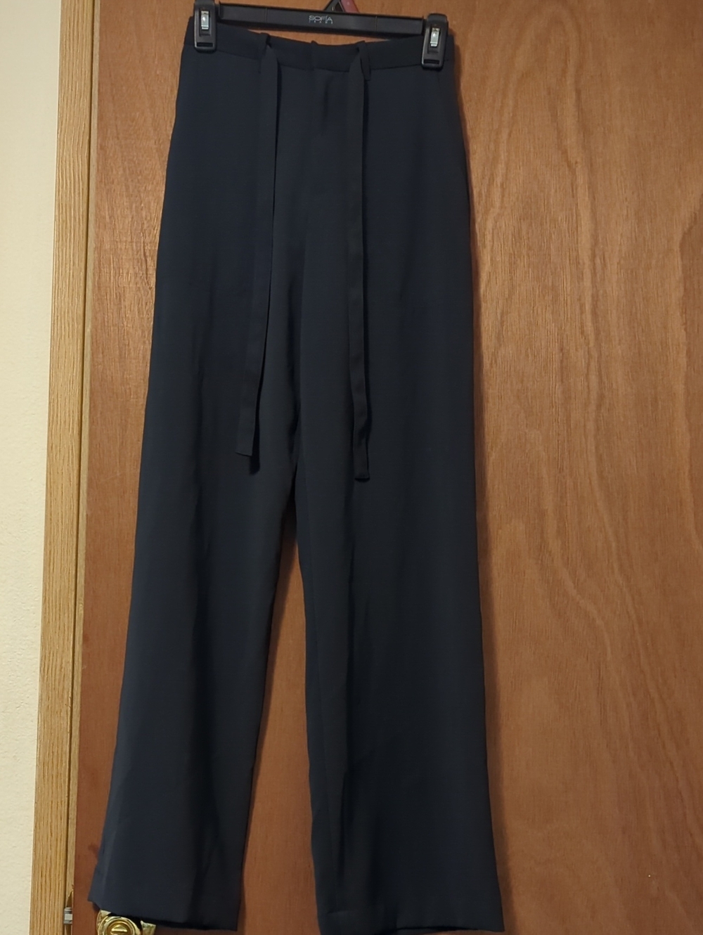 High-Waist Straight-Leg Women's Pants with Self-Tie Belt - Navy Blue